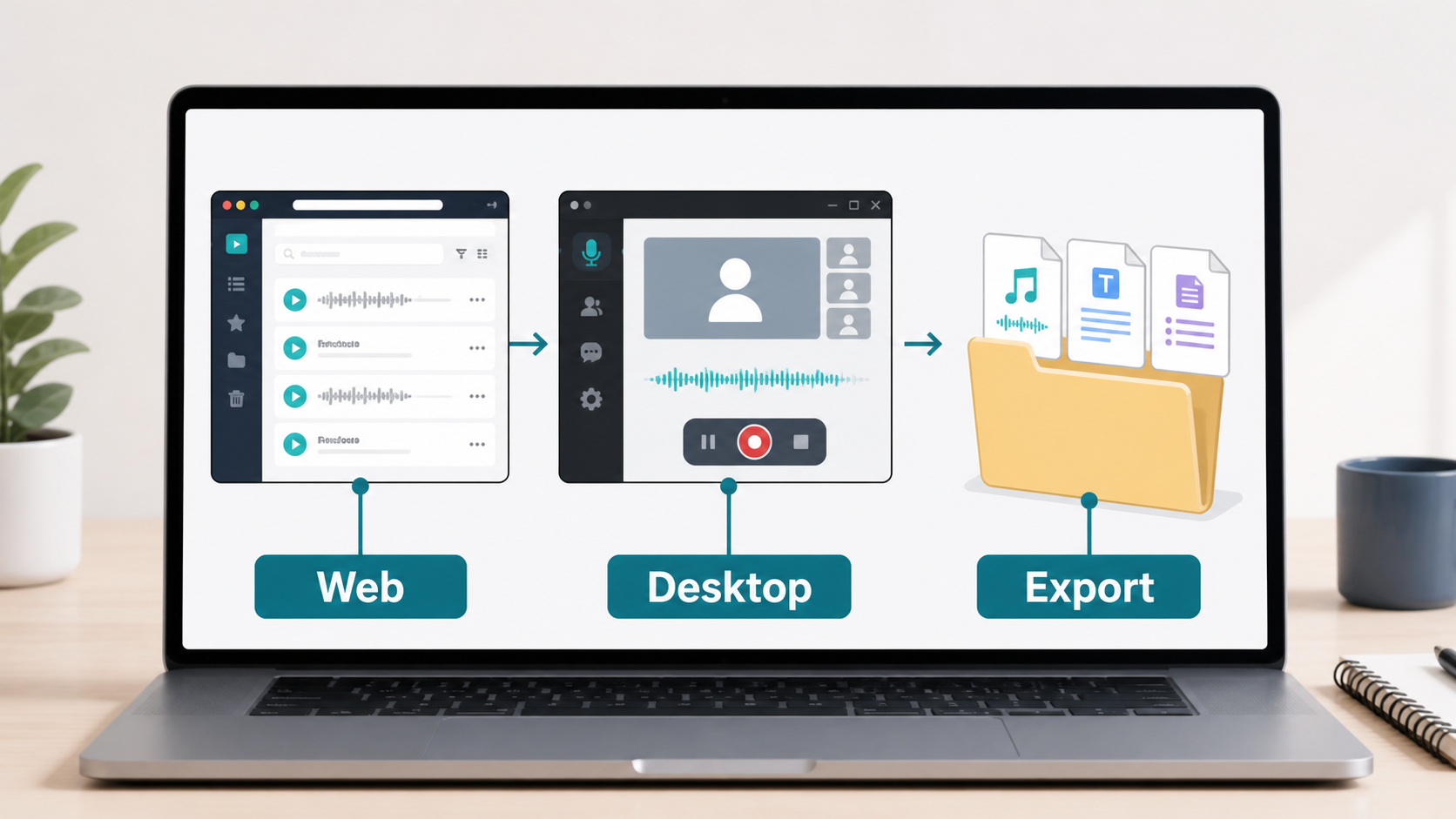 PCでWeb・Desktop・Exportの3つの使い方を選ぶイメージ