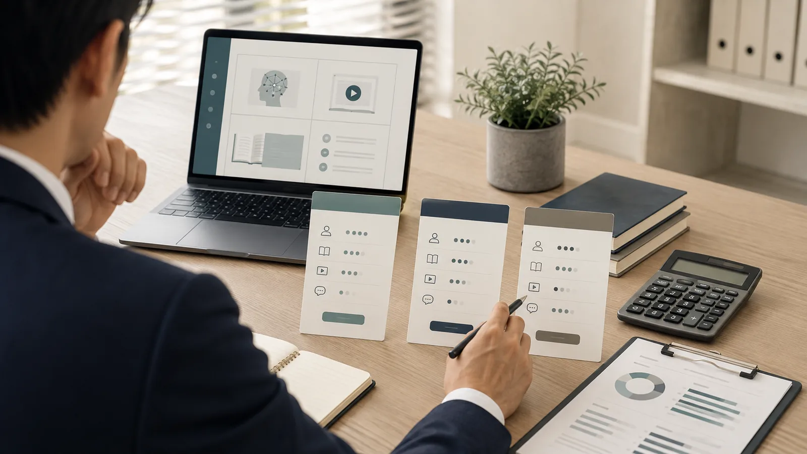3つの学習プランと費用を比較する営業職のイメージ